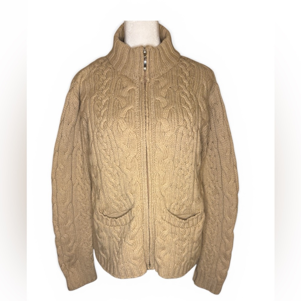 Inis crafts Wool tan Cable knit zip up sweater. 

Tan Cable Knit Zip-Up Sweater